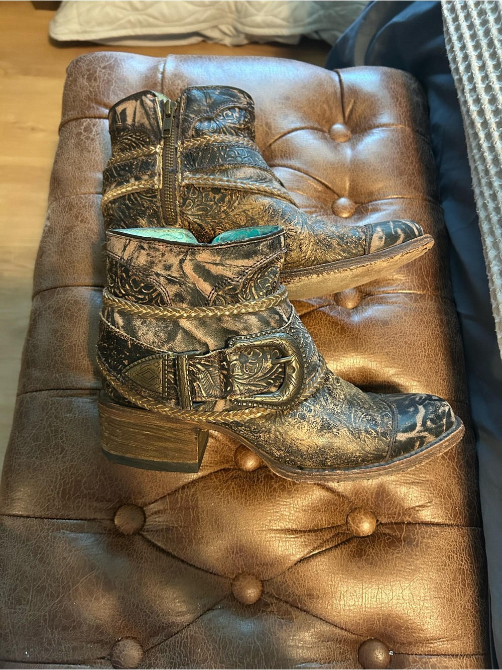 Corral Bronze Metallic Embossed Ankle Booties with Buckle Detail